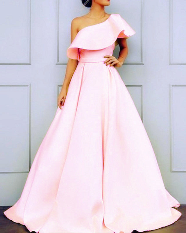 2020 Long Pink Prom Dresses One Shoulder