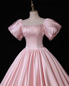 Pink Puffy Sleeve Ball Gown Satin Dress