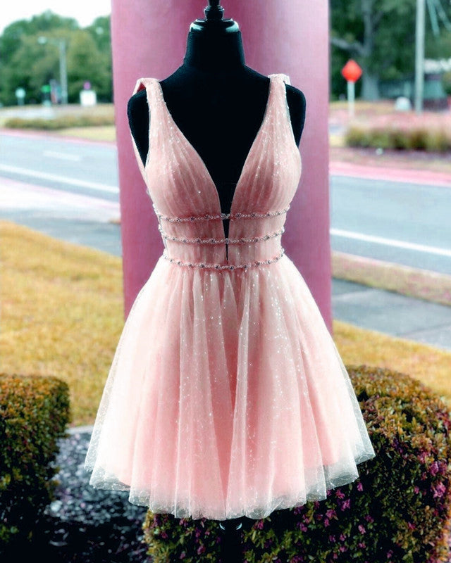 Blush Pink Sequin Tulle Homecoming Dresses 2019