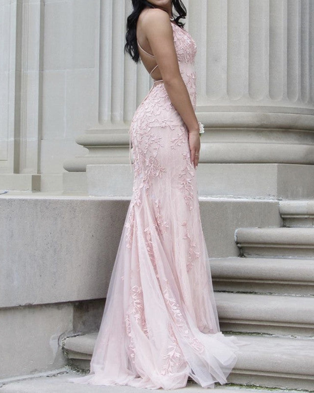 Blush Pink Tulle Mermaid Prom Dresses 2020