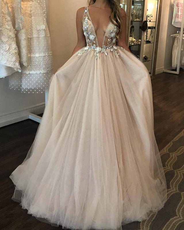 Tulle Floor Length Wedding Dress 2020 Embroidery Beaded