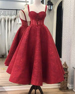 Load image into Gallery viewer, Burgundy Lace Sweetheart Corset Midi Ball Gown

