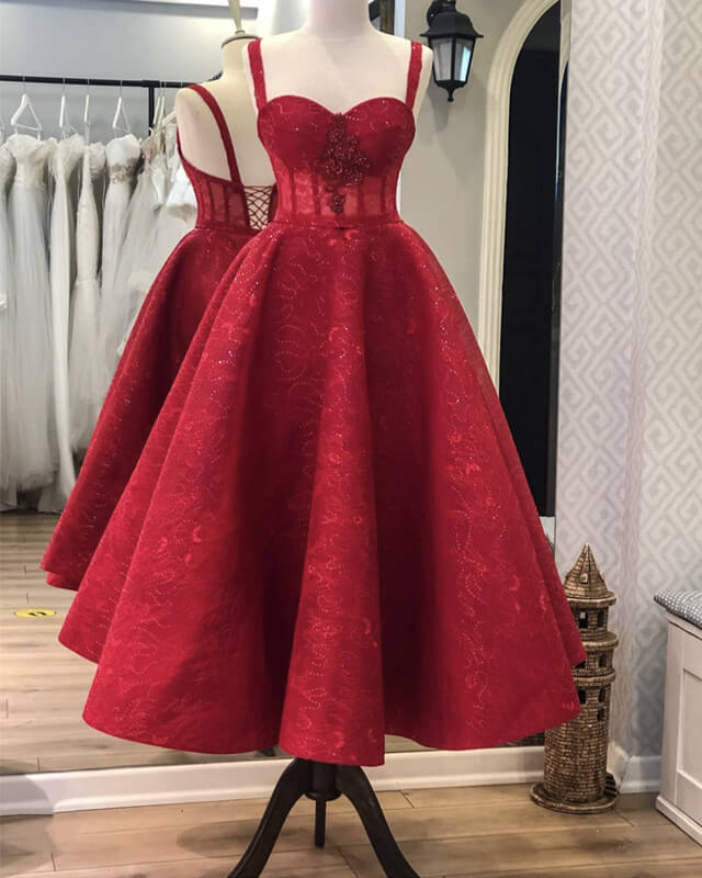 Burgundy Lace Sweetheart Corset Midi Ball Gown