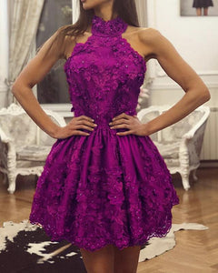 Purple Lace Homecoming Dresses Halter