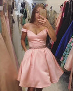Load image into Gallery viewer, v neck off shoulder prom dress short homecoming dress beaded sashes
