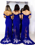 Load image into Gallery viewer, Elegant Off The Shoulder Jersey Mermaid Bridesmaid Dresses Lace Appliques
