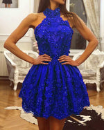 Afbeelding in Gallery-weergave laden, Royal Blue Lace Homecoming Dresses Halter
