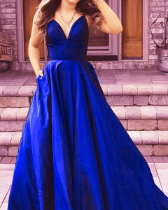 Plunge V-neck Empire Satin Prom Dresses Long