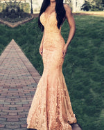 Afbeelding in Gallery-weergave laden, Champagne Lace Mermaid Prom Dress
