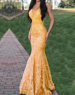 Afbeelding in Gallery-weergave laden, Gold Lace Mermaid Prom Dresses
