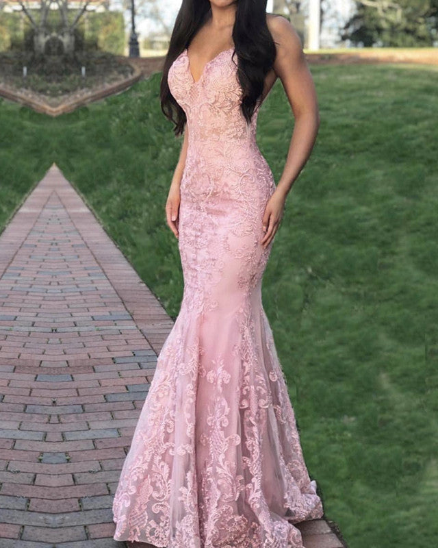 Rose Pink Lace Mermaid Prom Dress