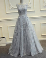 Load image into Gallery viewer, Silver Tulle Prom Dresses Lace Appliques
