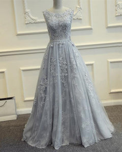 Silver Tulle Prom Dresses Lace Appliques