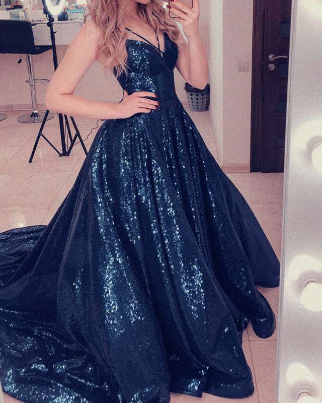 Navy Blue Sequin Prom Dresses 2020