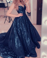 Load image into Gallery viewer, Navy Blue Sequin Prom Dresses 2020
