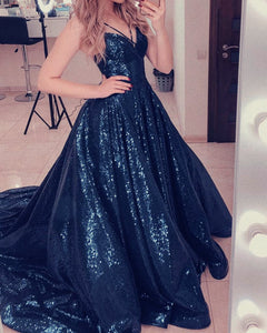 Navy Blue Sequin Prom Dresses 2020
