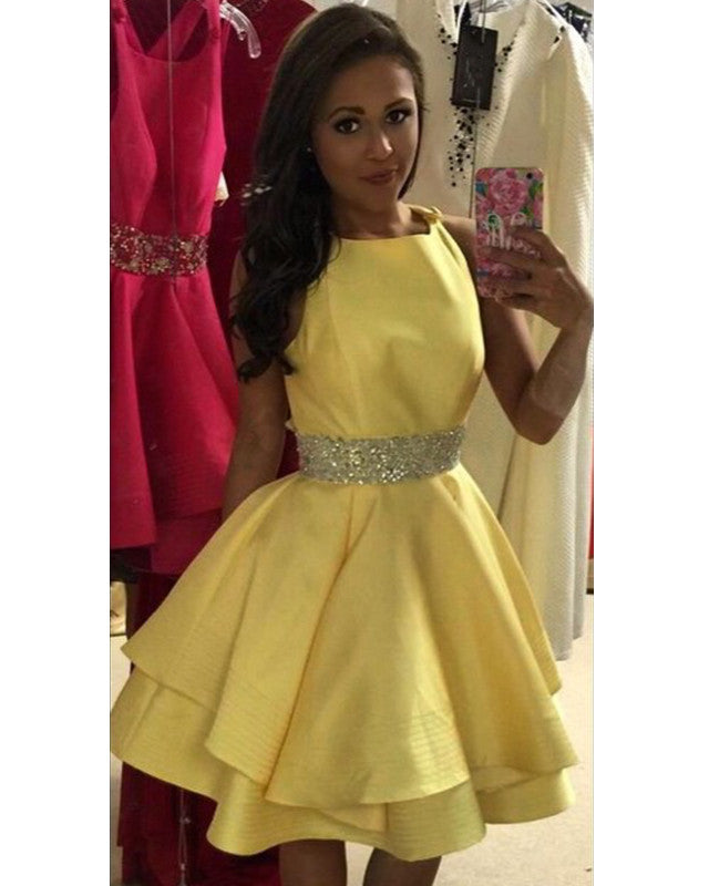 Short Yellow Homecoming Dresses Beaded Prom Mini Dress