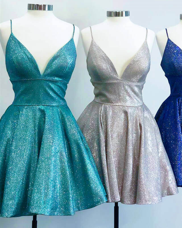 Short Sparkly Homecoming Dresses V Neck Spaghetti Straps