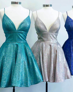 Short Sparkly Homecoming Dresses V Neck Spaghetti Straps