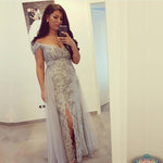 Load image into Gallery viewer, Silver Lace Off The Shoulder Mermaid Prom Dresses With Slit

