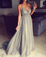Load image into Gallery viewer, Long Sequins Prom Dresses Open Back Plunge Evening Gown
