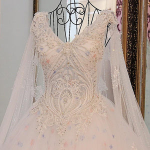 A Line V Neck Lace Crystal Beaded White/ Light blue Wedding Dresses Floor Length