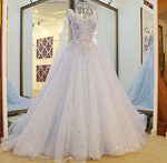 Load image into Gallery viewer, A Line V Neck Lace Crystal Beaded White/ Light blue Wedding Dresses Floor Length
