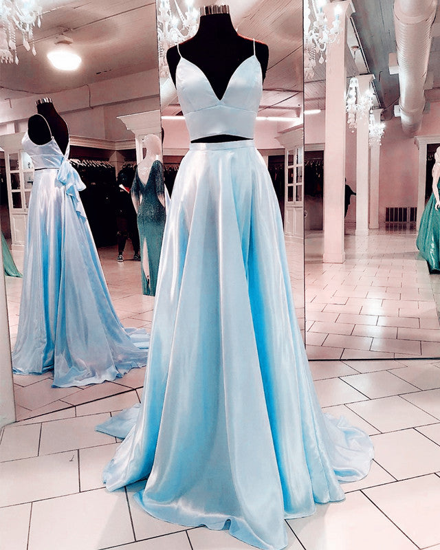 Two Piece Prom Dresses Satin Floor Length Bow Back