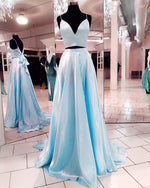 Load image into Gallery viewer, Two Piece Prom Dresses Satin Floor Length Bow Back
