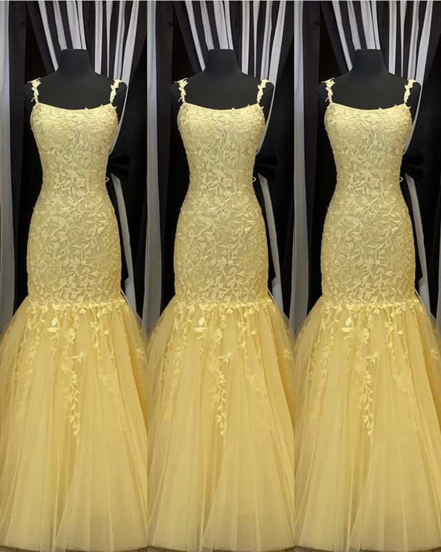 Yellow Lace Mermaid Prom Dresses 2020