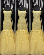 Afbeelding in Gallery-weergave laden, Yellow Lace Mermaid Prom Dresses 2020
