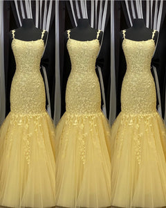 Yellow Lace Mermaid Prom Dresses 2020