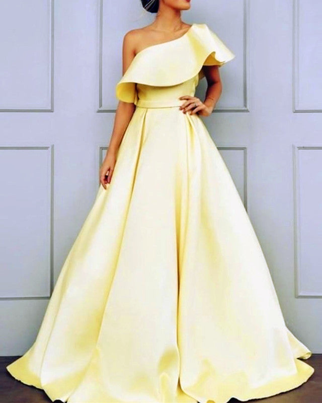 2020 Long Yellow Prom Dresses One Shoulder