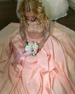 Load image into Gallery viewer, Gold Lace Long Sleeves Off Shoulder Ball Gowns Satin Blush Wedding Dresses
