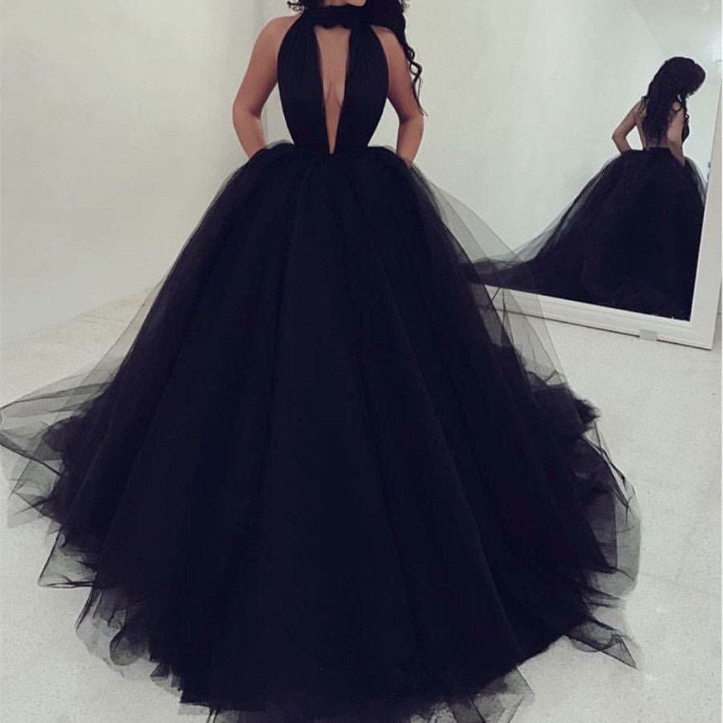 Sexy Halter Top Tulle Ballgowns Prom Dresses 2018 Backless Evening Gowns