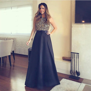 Stunning Sequins Beaded Halter Satin Prom Dresses Long Evening Gowns