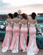 Load image into Gallery viewer, White Lace Appliques Off The Shoulder Mermaid Court Train Bridesmaid Dresses
