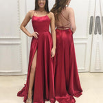 Load image into Gallery viewer, Long Satin Open Back Prom Dresses 2018 Leg Slit Evening Gowns
