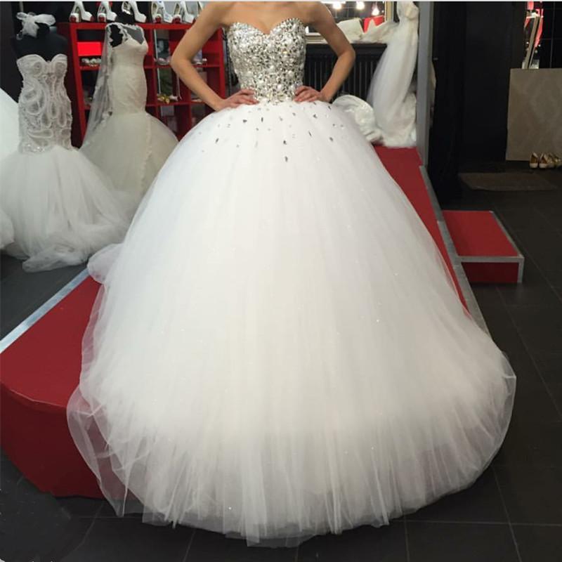 Crystal Pearl Beaded Sweetheart Bodice Corset Tulle Ball Gown Wedding Dresses 2018
