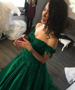 Afbeelding in Gallery-weergave laden, Ball Gown Satin Dresses 3D Lace Flowers Off Shoulder-Dresses-coloredwedding-Emerald Green-2-coloredwedding
