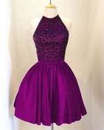 Load image into Gallery viewer, Grape A-line Beaded Halter Satin Homecoming Dresses Short Keyhole Back Prom Dresses
