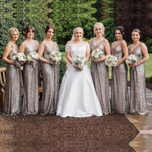 Gray Sequins V-neck Long Mermaid Bridesmaid Dresses