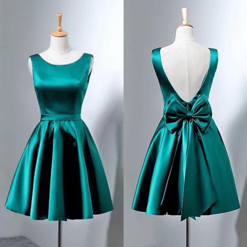 Hunter Green Satin Homecoming Dresses Short Bow Back Prom Gowns
