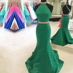 Load image into Gallery viewer, green satin long hater prom dresses mermaid open back
