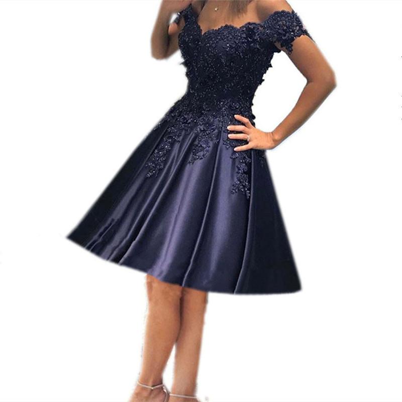 Navy Blue Bridesmaid Dresses Short Formal Dresses Lace Off Shoulder