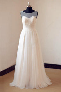 Illusion Neckline Lace Appliques Ivory Tulle Beach Wedding Dress 2022