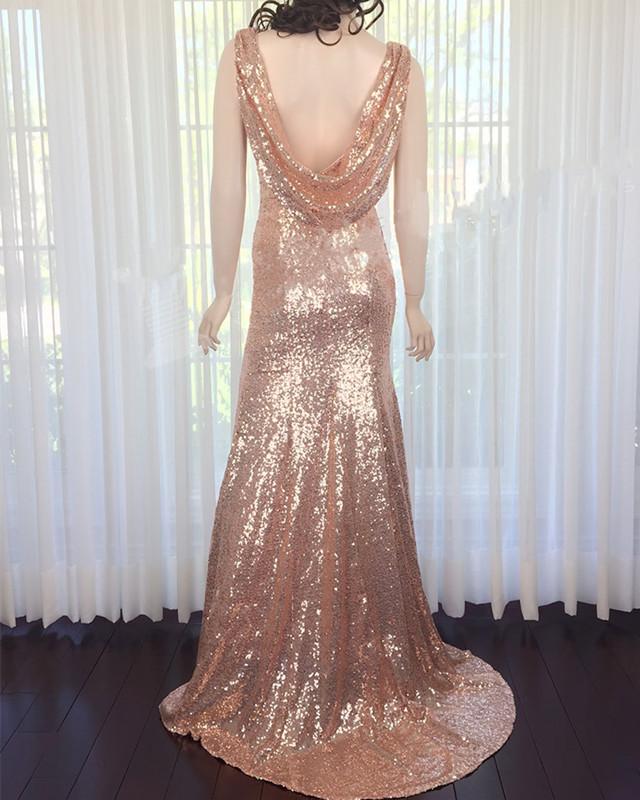 Long Rose Gold Sequins Prom Dresses Mermaid V-neck Evening Gowns