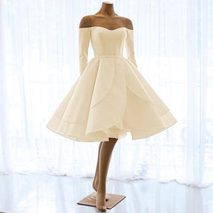 Short Satin Long Sleeves Off Shoulder Ruffles Skirt Wedding Dresses 2018