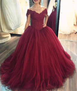 Burgundy Ball Gown Dresses Lace Off The Shoulder