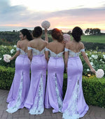 Load image into Gallery viewer, White Lace Appliques Off The Shoulder Mermaid Court Train Bridesmaid Dresses
